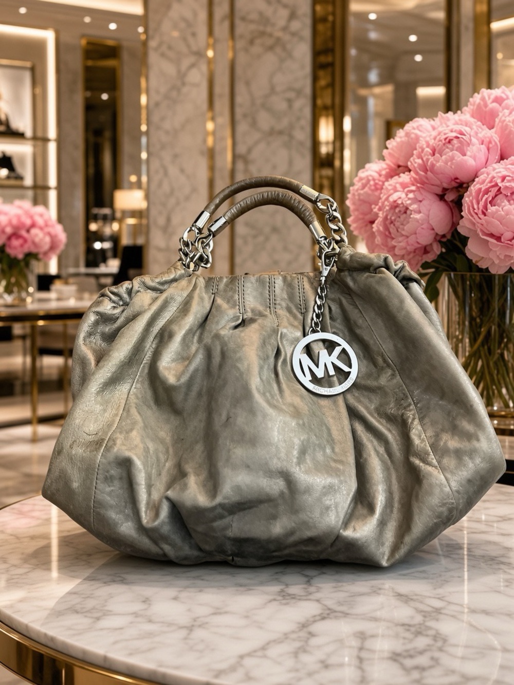 Michael Kors Shimmering Pewter Leather Hobo with Logo Charm